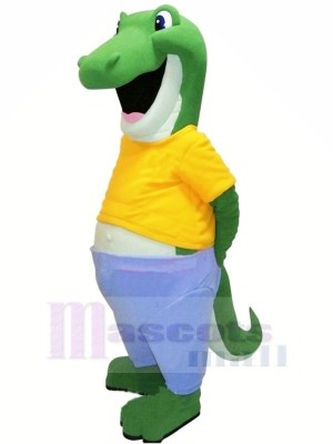 glücklich Alligator mit Gelb T-Shirt Maskottchen Kostüme Erwachsene