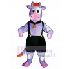 Süße lila Kuh mit Overalls und Bell Maskottchen Kostüm