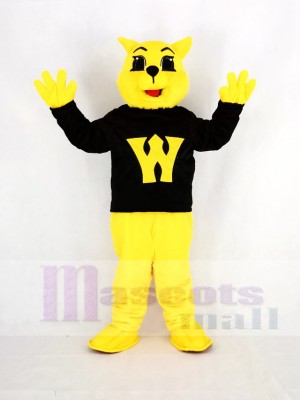 Gelb Wilde Katze im Schwarz Maskottchen Kostüm Karikatur