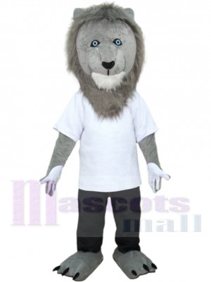 Grauer Löwe Maskottchen-Kostüm Tier im weißen T-Shirt