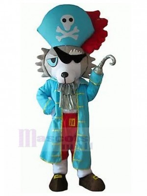 Grau-weißes Wolf-Hundemaskottchen-Kostüm mit blauem Piraten-Kleidungstier