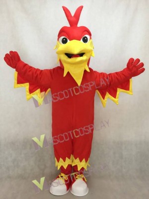 Roter Phönix Maskottchen Kostüm mit spitzem Kopf, Flügeln, Schwanz und Tennisschuhen