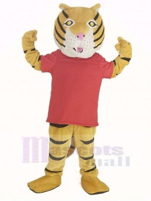 Glücklich Tiger im rot T-Shirt Maskottchen Kostüm