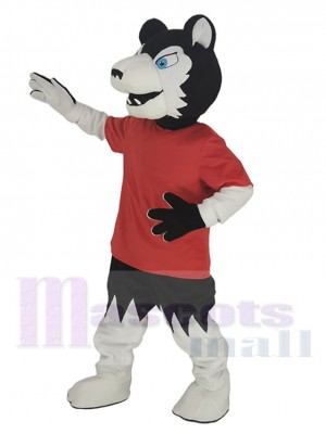 Schwarz Wolf Spieler im rot T-Shirt Maskottchen Kostüm