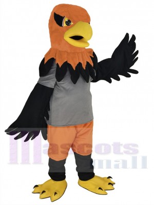 Orangefarbener Falke Maskottchen-Kostüm Tier im grauen T-Shirt