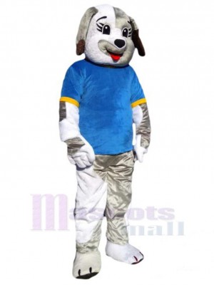 Weißer und grauer Hund Maskottchen Kostüm Tier im blauen T-Shirt