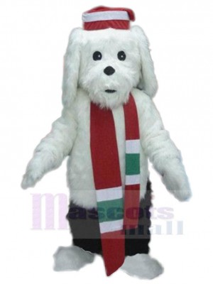 Langes Fell weißer Hund Maskottchen Kostüm mit rotem Schal