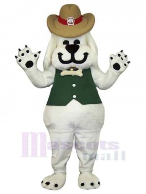 Lächelnder weißer Hund Maskottchen Kostüm Tier in Grüne Weste