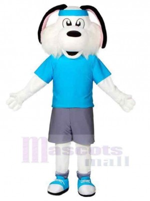 Weißer Sporthund Maskottchen Kostüm Tier im blauen T-Shirt
