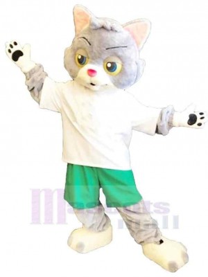 Graue und weiße Katze Maskottchen Kostüm Tier in grüner Hose