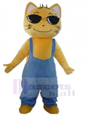 Lächelnde gelbe Katze Maskottchen Kostüm Tier in blauen Overalls
