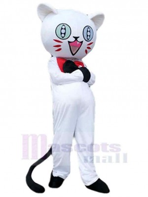 Glücklicher Cartoon mit seltsamen Augen Weiße Katze Maskottchen Kostüm Tier