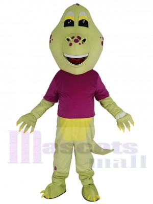 Grüner Dinosaurier Maskottchen-Kostüm Tier im lila T-Shirt