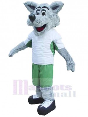 Glücklicher Wolf Maskottchen Kostüm Tier in weißer und grüner Kleidung