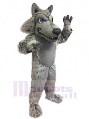 Wilder grauer Wolf Maskottchen Kostüm Tier mit blauen Augen