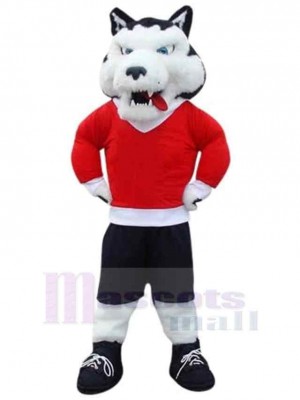 Weißer Sportwolf Maskottchen Kostüm Tier in roten Kleidern