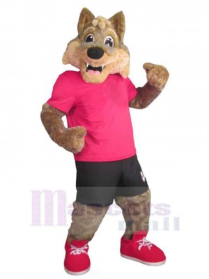 Scharfe Zähne Brauner Wolf Maskottchen Kostüm Tier im rosa T-Shirt