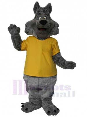 Grauer Wolf im gelben T-Shirt Maskottchen Kostüm Tier