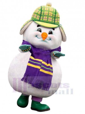 Lustiger Schneemann Maskottchen-Kostüm mit lila Schal
