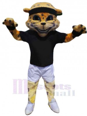 Sport-Leopard Maskottchen-Kostüm Tier im schwarzen T-Shirt