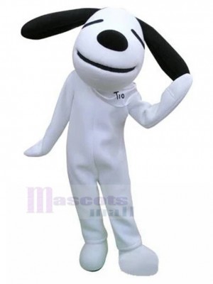 Lächelndes weißes Hundemaskottchen-Kostüm mit fallenden schwarzen Ohren Tier