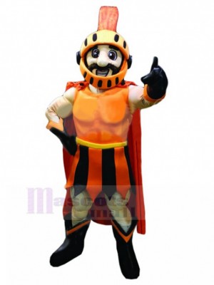 Starker spartanischer Ritter in orangefarbener Rüstung Maskottchen Kostüm Menschen