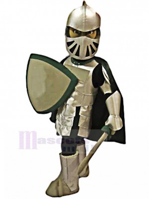 Dunkler silberner Ritter mit Schild Maskottchen Kostüm Menschen