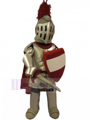 Silberner spartanischer Ritter mit rotem und weißem Schild Maskottchen Kostüm Menschen