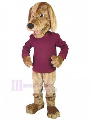 Ernster Golden Pointer Hund Maskottchen-Kostüm-Tier im dunkelrosaroten Hemd