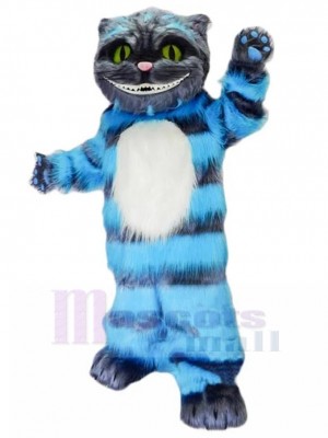 Lächelnd Cheshire-Katze Maskottchen Kostüm mit blauem Fell Karikatur