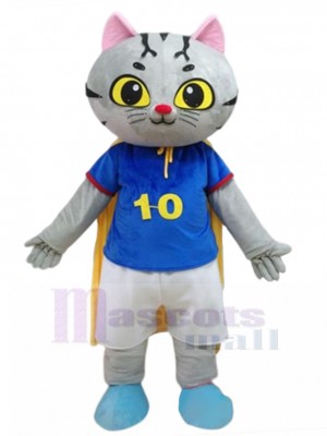 Graue getigerte Katze Maskottchen Kostüm mit gelbem Cape Tier