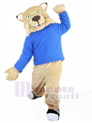 Freundlich Beige Wildkatze Maskottchen Kostüm im blauen Hemd Tier
