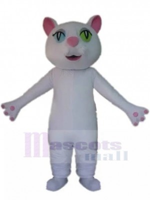 Weiße Katze Maskottchen Kostüm mit heterochromatischen Schülern Tier