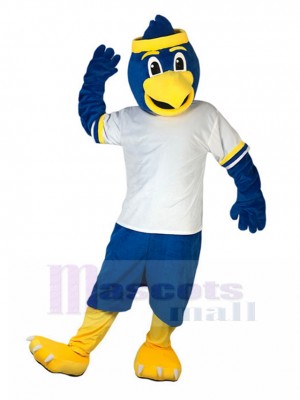 Sport Blauer Vogel Maskottchen Kostüm im weißen T-Shirt Tier