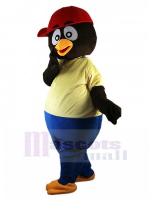 Cool Schwarzer Pinguin Maskottchen Kostüm mit roter Kappe Tier
