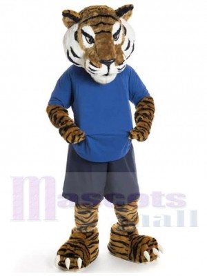 Brauner Sport Tiger Maskottchen Kostüm Tier in grauen Shorts