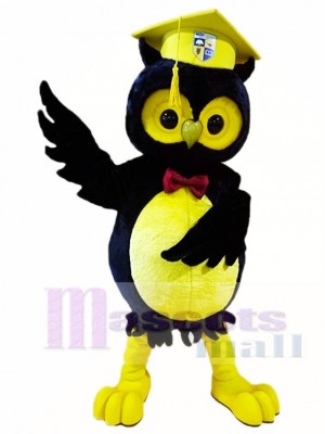 Schwarze Eule mit gelben Graduation Cap Maskottchen Kostüme Tier