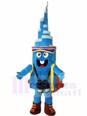 Blauer Turm mit Hut und Rucksack Maskottchen Kostüme