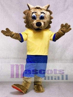 Bobcat Maskottchen Kostüm mit gelbem Hemd und blauen Shorts