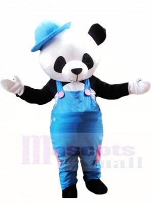 Netter Panda mit blauem Overall und Hut Maskottchen Kostümen Tier
