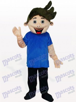 Kleiner Junge im blauen Hemd Maskottchen Kostüm für Erwachsene
