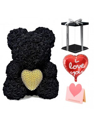 Schwarz Rose Teddybär Blumenbär mit Perlenherz Bestes Geschenk für Muttertag, Valentinstag, Jubiläum, Hochzeit und Geburtstag