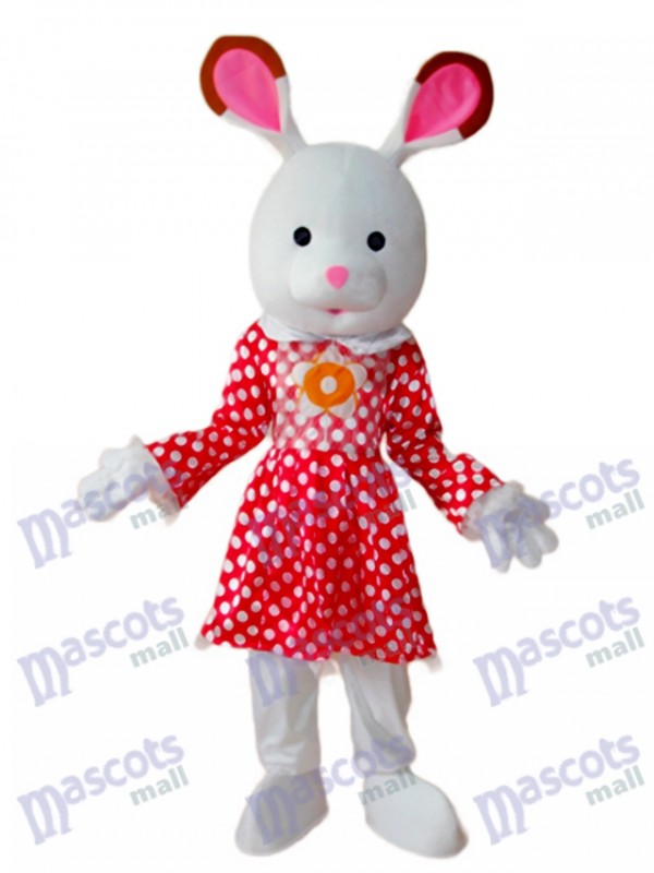 Ostern Kaninchen im weißen Punkt roten Kleid Maskottchen Erwachsenen Kostüm Tier